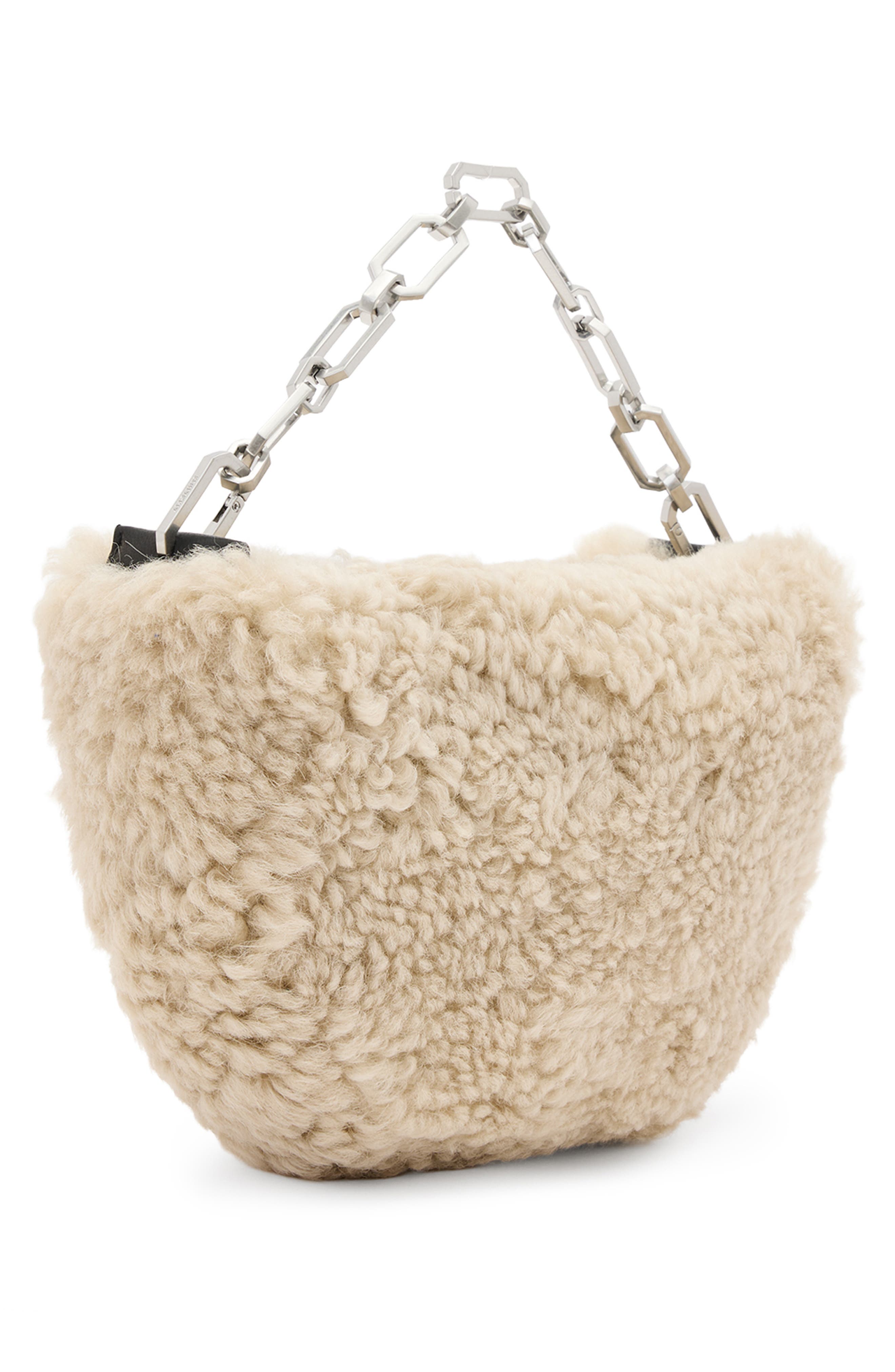 AllSaints Madea Mini Genuine Shearling Clutch Bag, Alternate, color, 