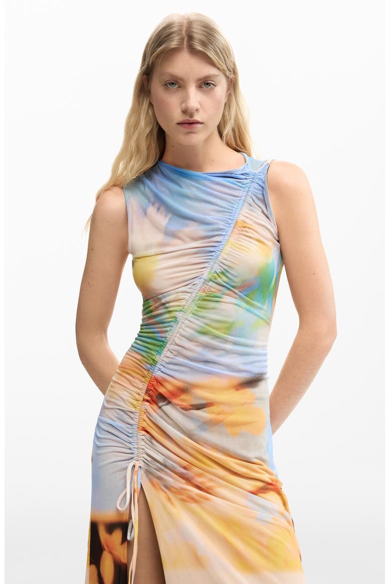 Abstract Print Ruched Midi Dress, Alternate, color, YELLOW MULTI