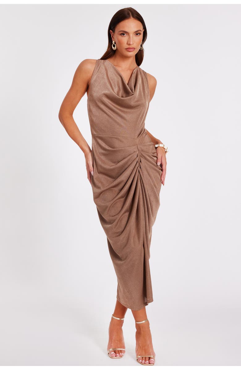 QUIZ Disco Cowl Hardware Detail Back Ruched Midi Dress, Main, color, Stone