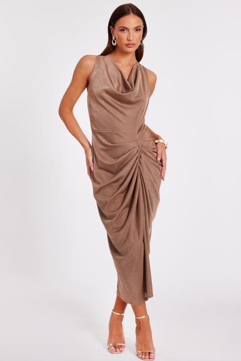 Disco Cowl Hardware Detail Back Ruched Midi Dress
