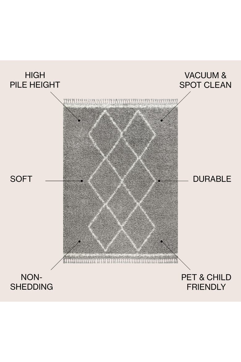 Mercer Shag Plush Tassel Moroccan  Geometric Trellis Denim Area Rug, Alternate, color, Gray/Cream
