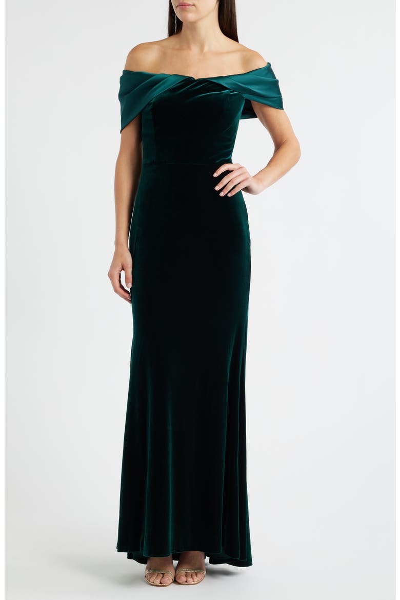 Off the Shoulder Satin & Velvet Mermaid Gown, Main, color, HUNTER