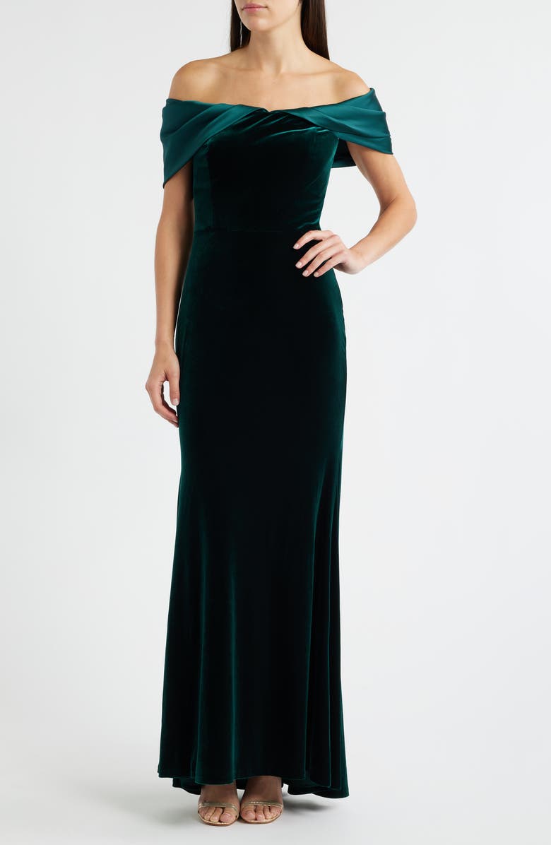 Eliza J Off the Shoulder Satin & Velvet Mermaid Gown, Main, color, Hunter