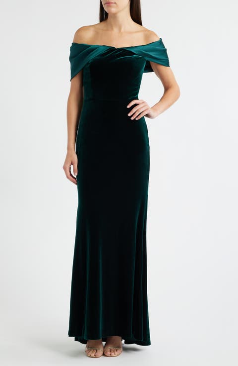 Off the Shoulder Satin & Velvet Mermaid Gown
