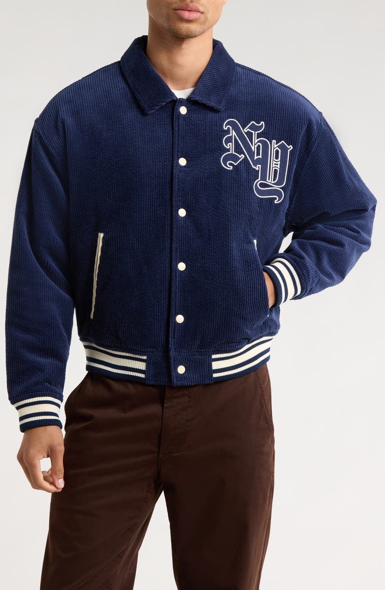 PacSun NY Corduroy Varsity Jacket, Alternate, color, Navy