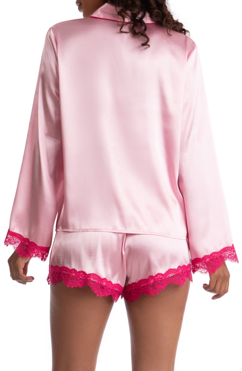 In Bloom by Jonquil Felicity Lace Trim Long Sleeve Satin Shorts Pajamas, Alternate, color, Pink