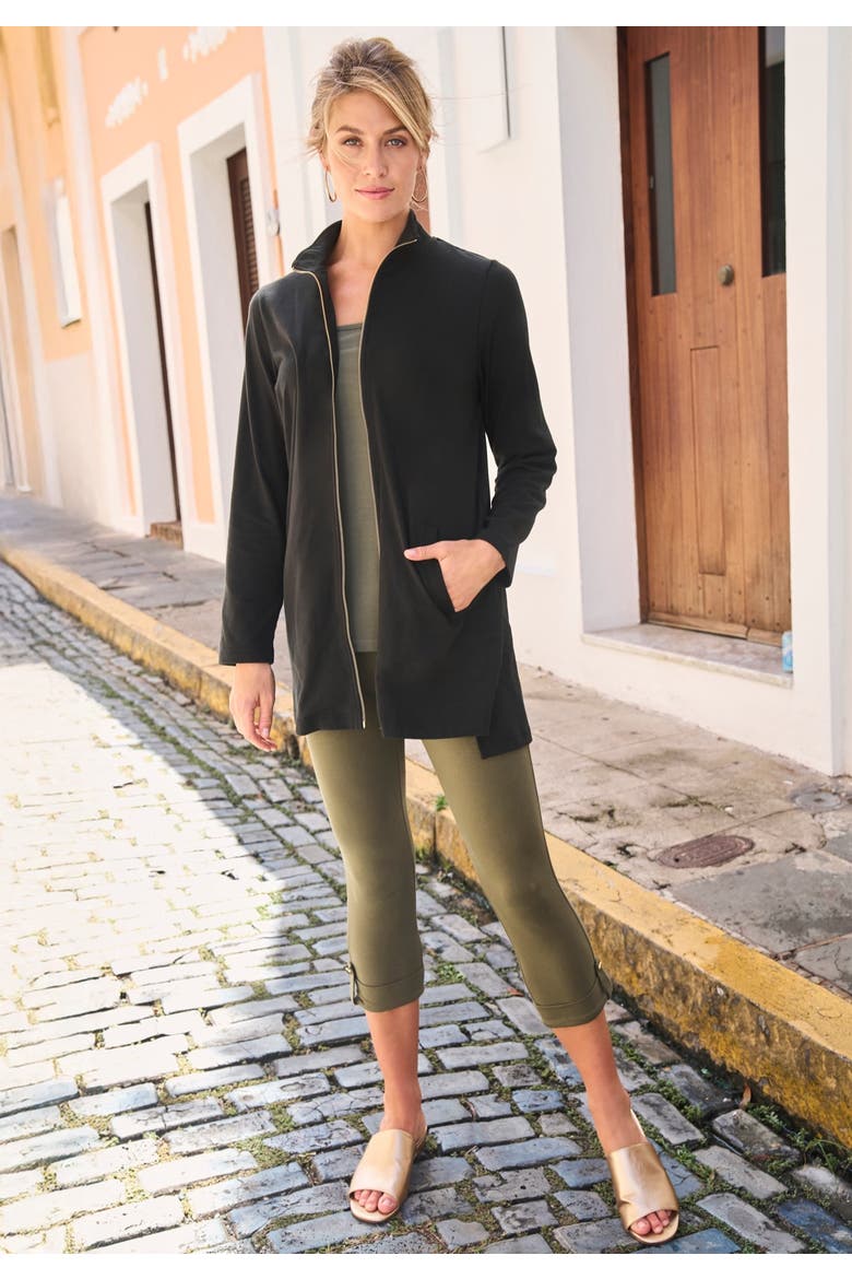 Stretch Cotton Zip Front Hi-Low Jacket, Alternate, color, BLACK MINI HOUNDSTOOTH