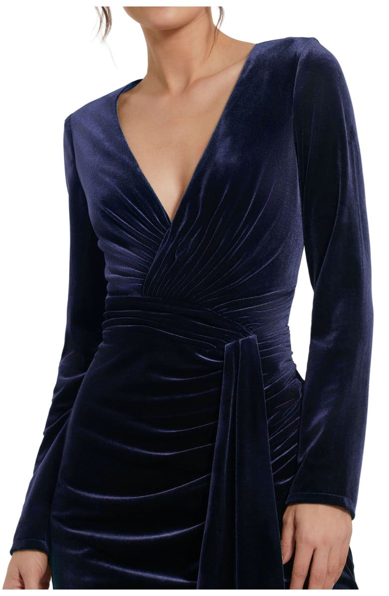 Mac Duggal Long Sleeve Deep V Neck Draped Velvet Gown, Alternate, color, Cobalt
