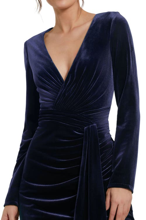 Mac Duggal Long Sleeve Deep V Neck Draped Velvet Gown In Blue