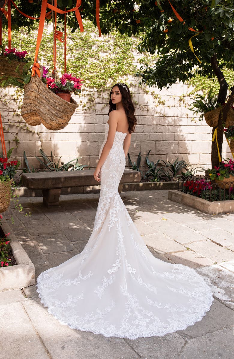 Pronovias Aegir Strapless Lace Mermaid Wedding Dress, Alternate, color, 