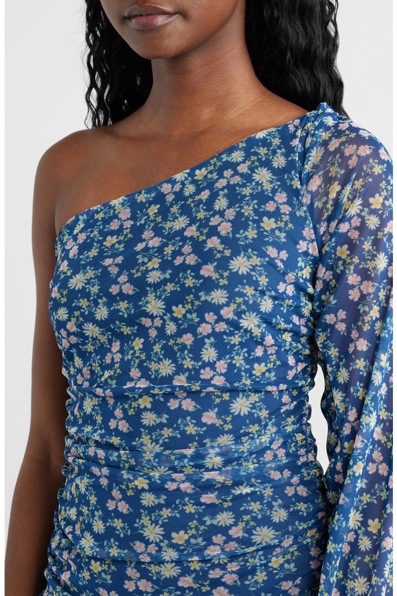 Print Mesh Shirred One-Shoulder Dress, Alternate, color, NAVY