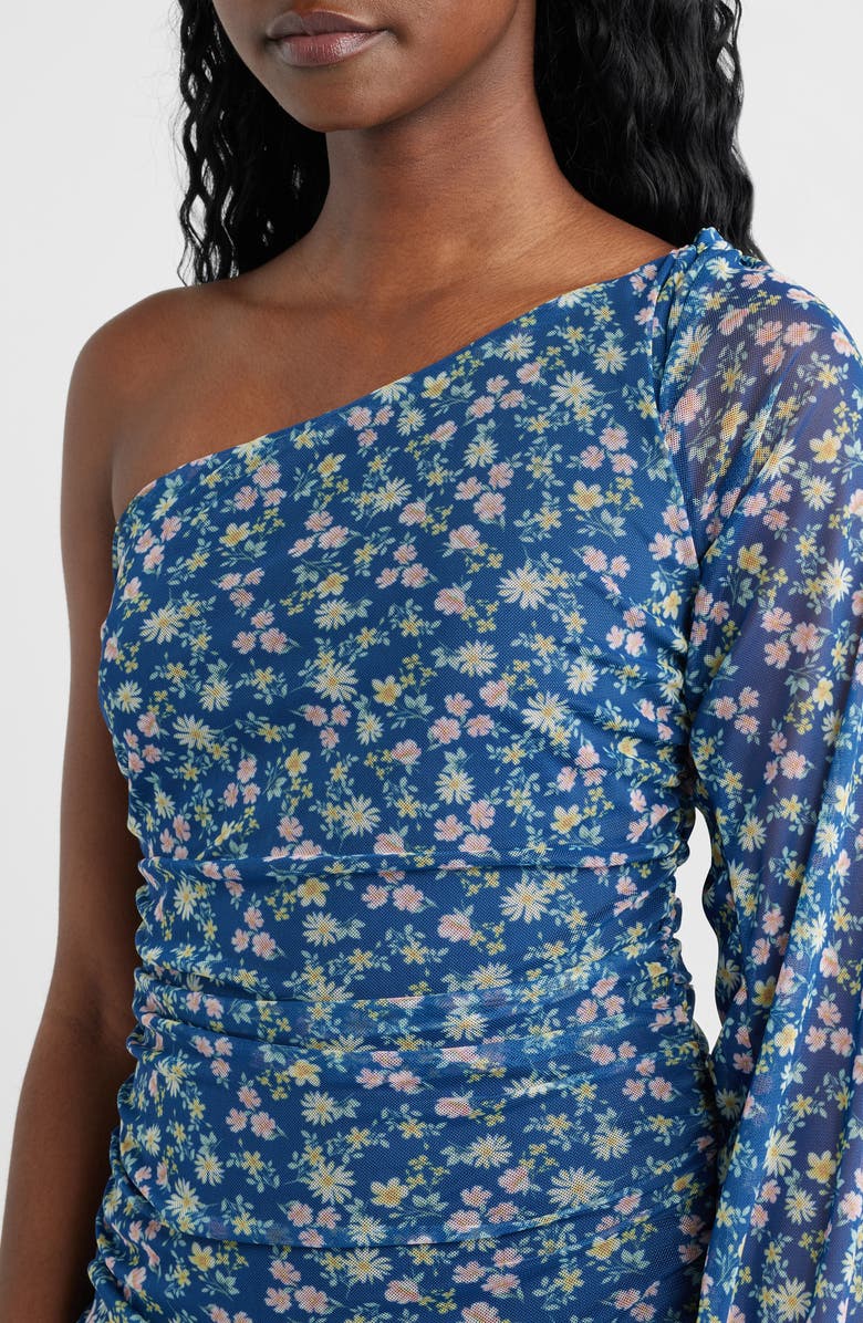 Jump Apparel Print Mesh Shirred One-Shoulder Dress, Alternate, color, 