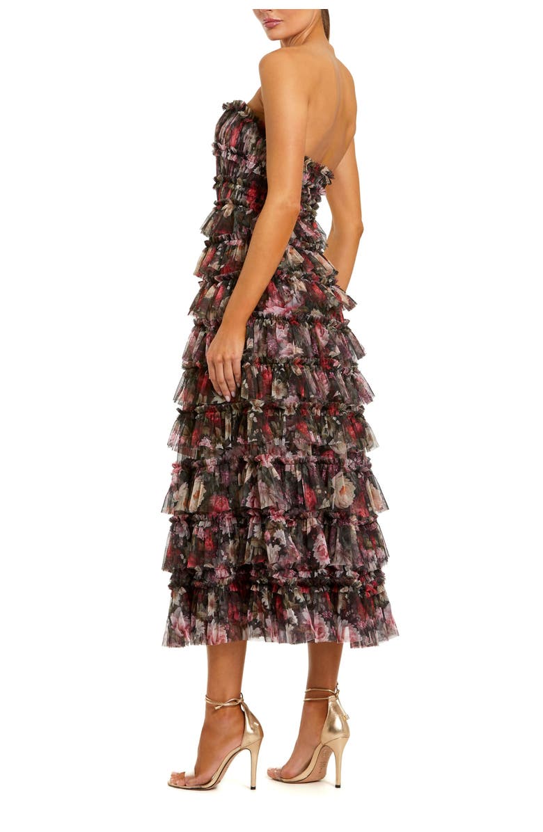 Mac Duggal Strapless Micro Ruffle A Line Midi Dress, Alternate, color, Black Multi