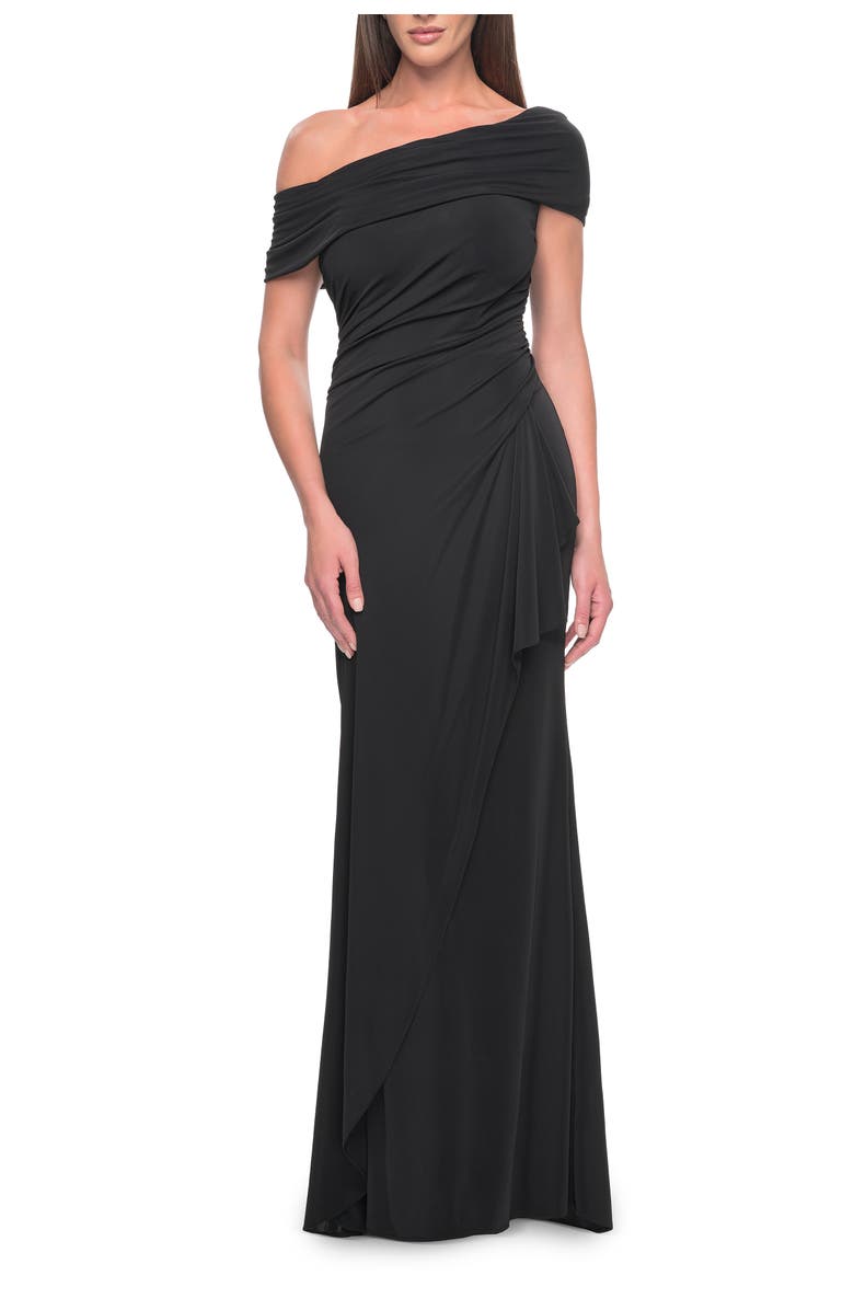 La Femme Jersey Evening Gown with Asymmetrical Neckline, Main, color, Black