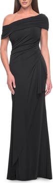 La Femme Jersey Evening Gown with Asymmetrical Neckline