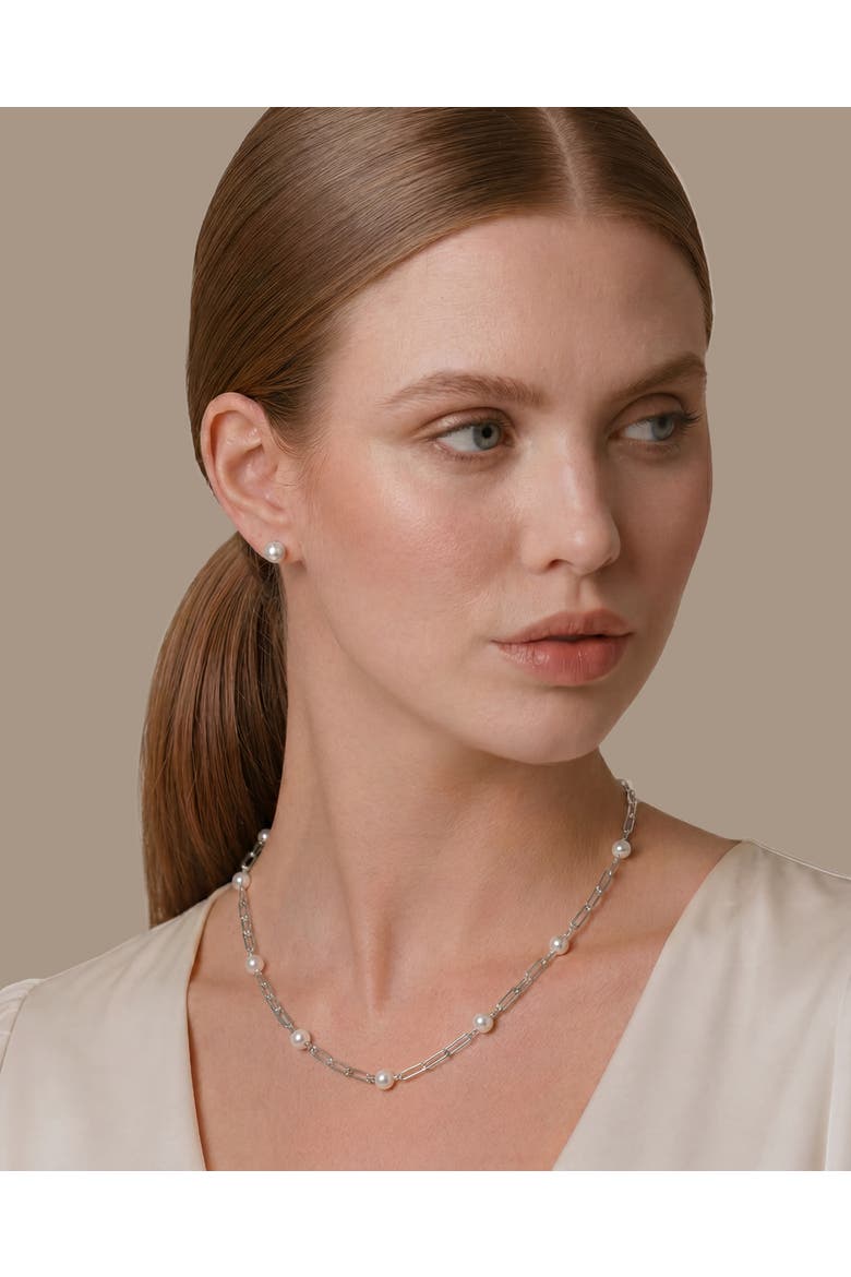 14K Gold 8.5-9.0mm Japanese Akoya Pearl & Chain Link Necklace, Alternate, color, White Gold