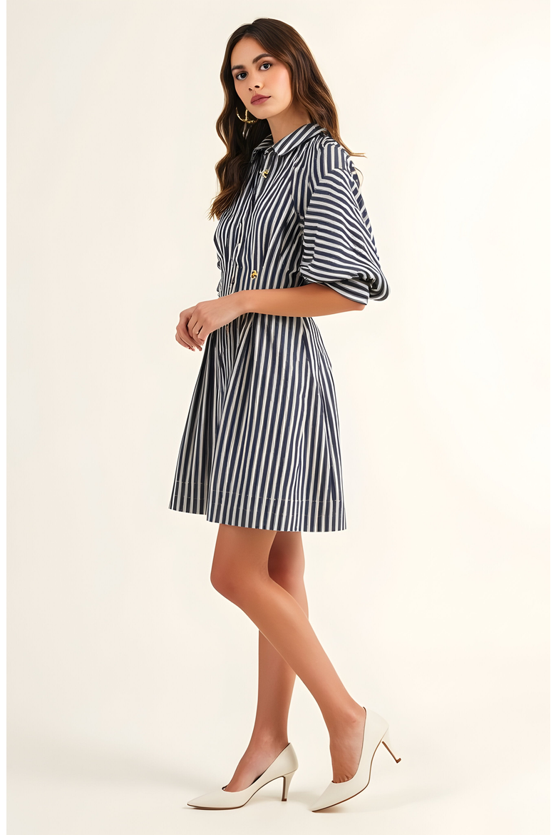 Striped Puff Sleeve Tailored Shirt Dress, Alternate, color, Navy Blue / White Stripe