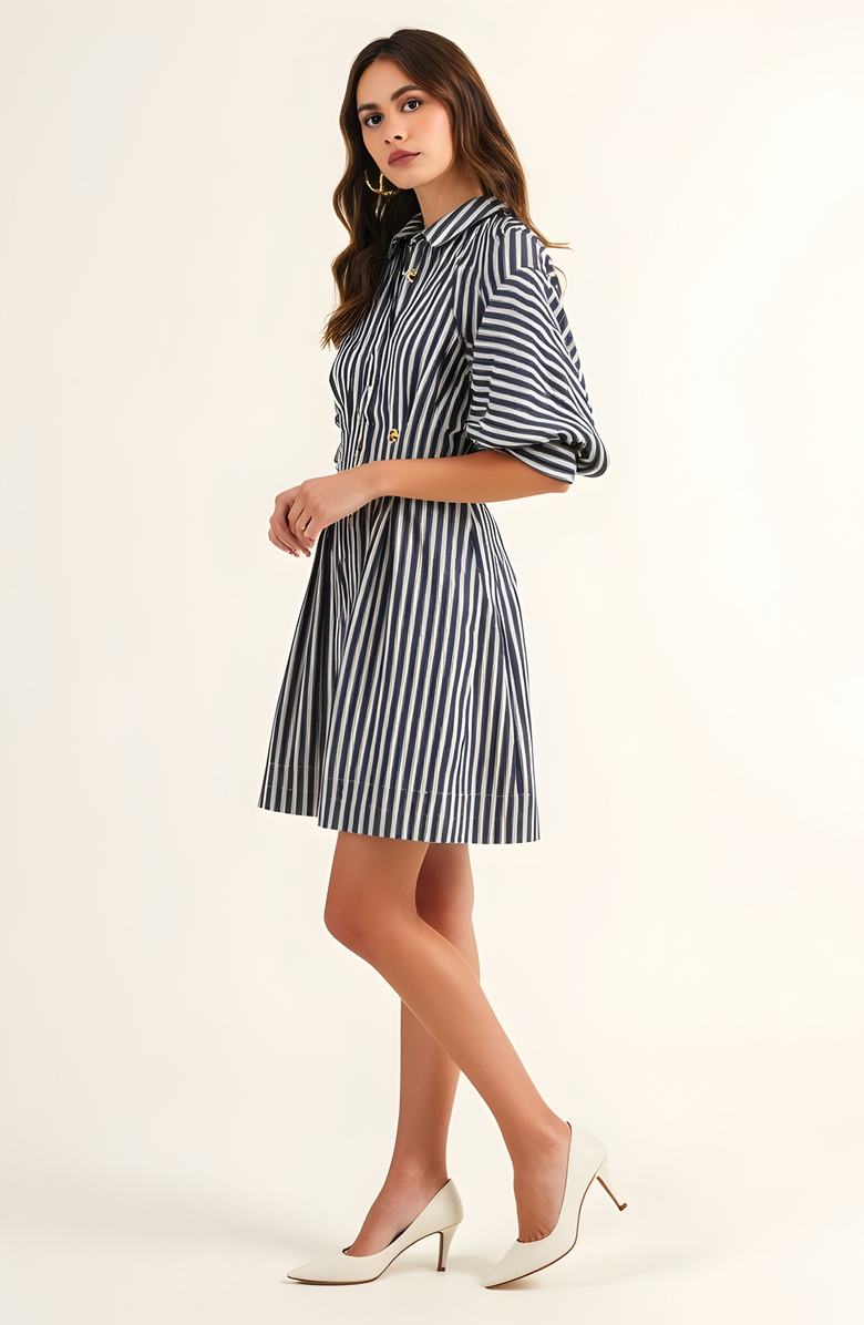 Modenaire Striped Puff Sleeve Tailored Shirt Dress, Alternate, color, Navy Blue / White Stripe