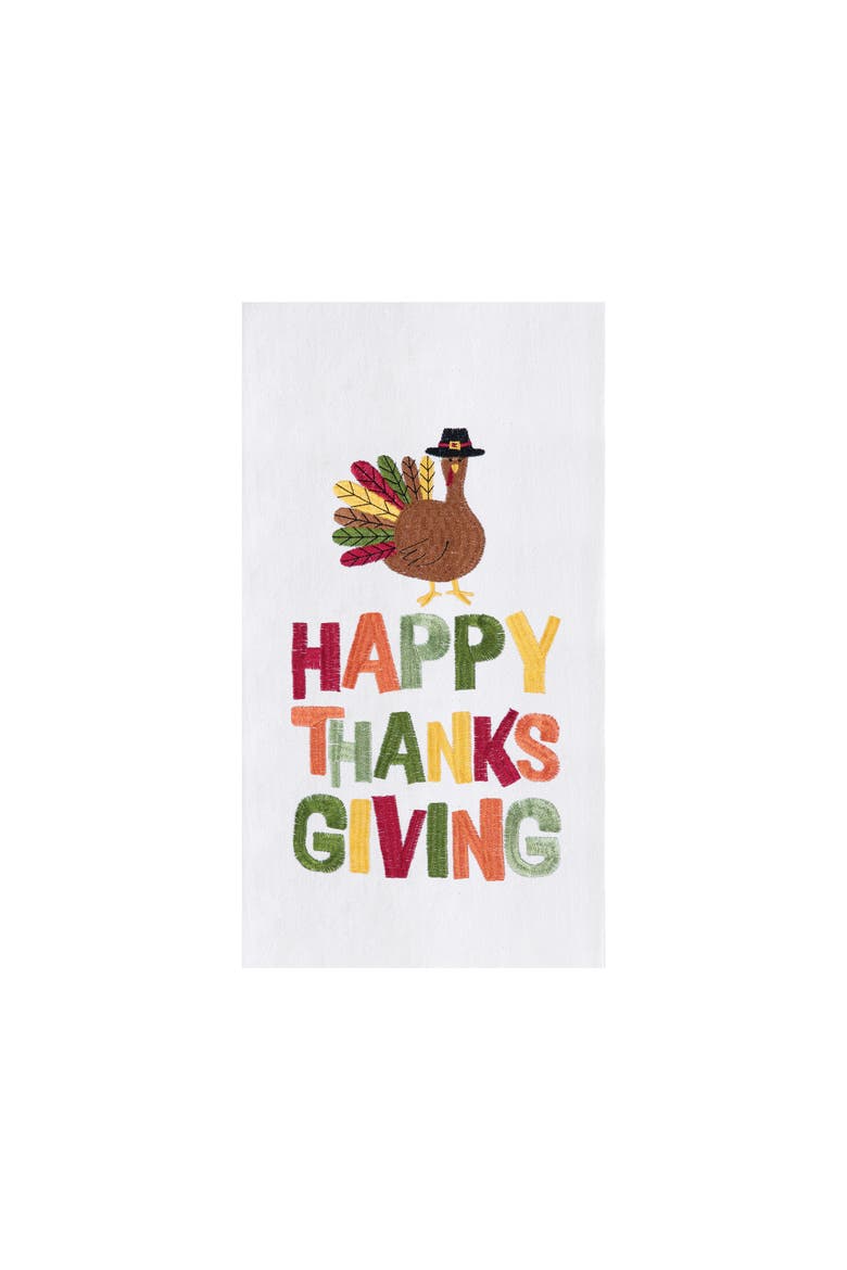"Happy Thanksgiving" Turkey Cotton Flour Sack Kitchen Dishtowel, Main, color, White