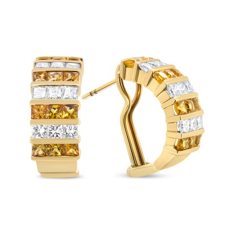 18K Yellow Gold 1 3/4 Cttw Diamond & Yellow Sapphire Huggie Hoop Earrings
