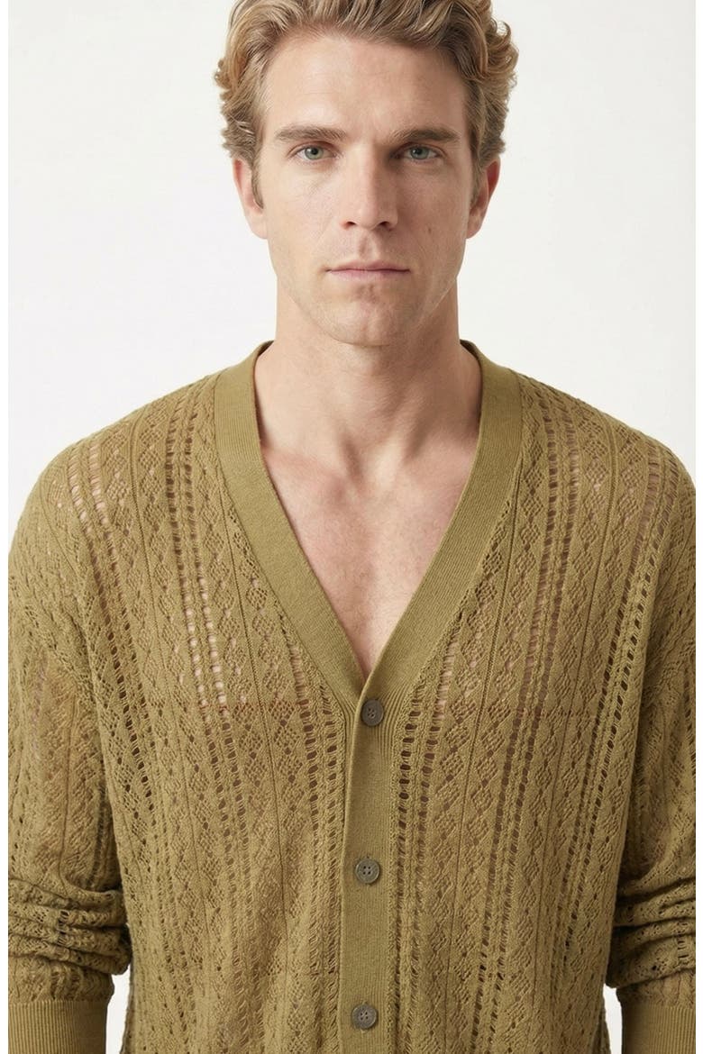 Open Knit V-Neck Cardigan, Alternate, color, Olive Green