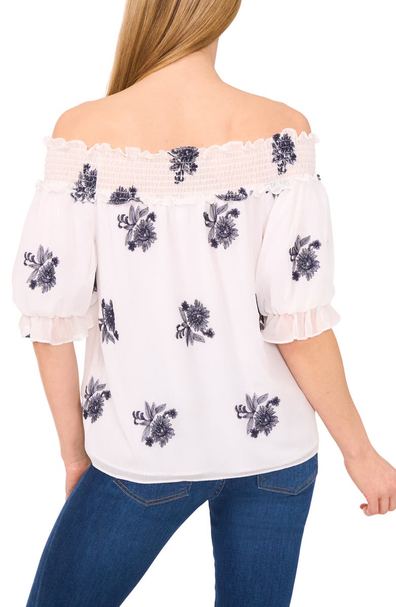 CeCe Floral Smocked Off the Shoulder Chiffon Top, Alternate, color, Ultra White
