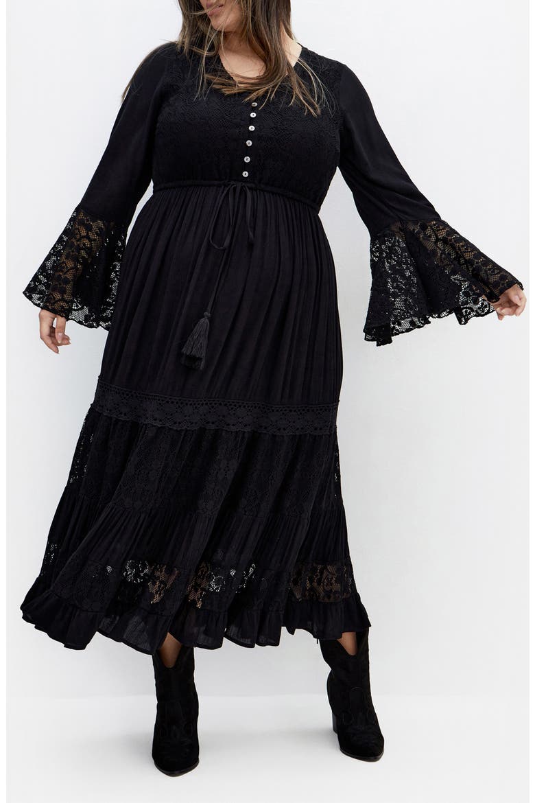 Dulce Lace Detail Long Sleeve Maxi Dress, Main, color, BLACK