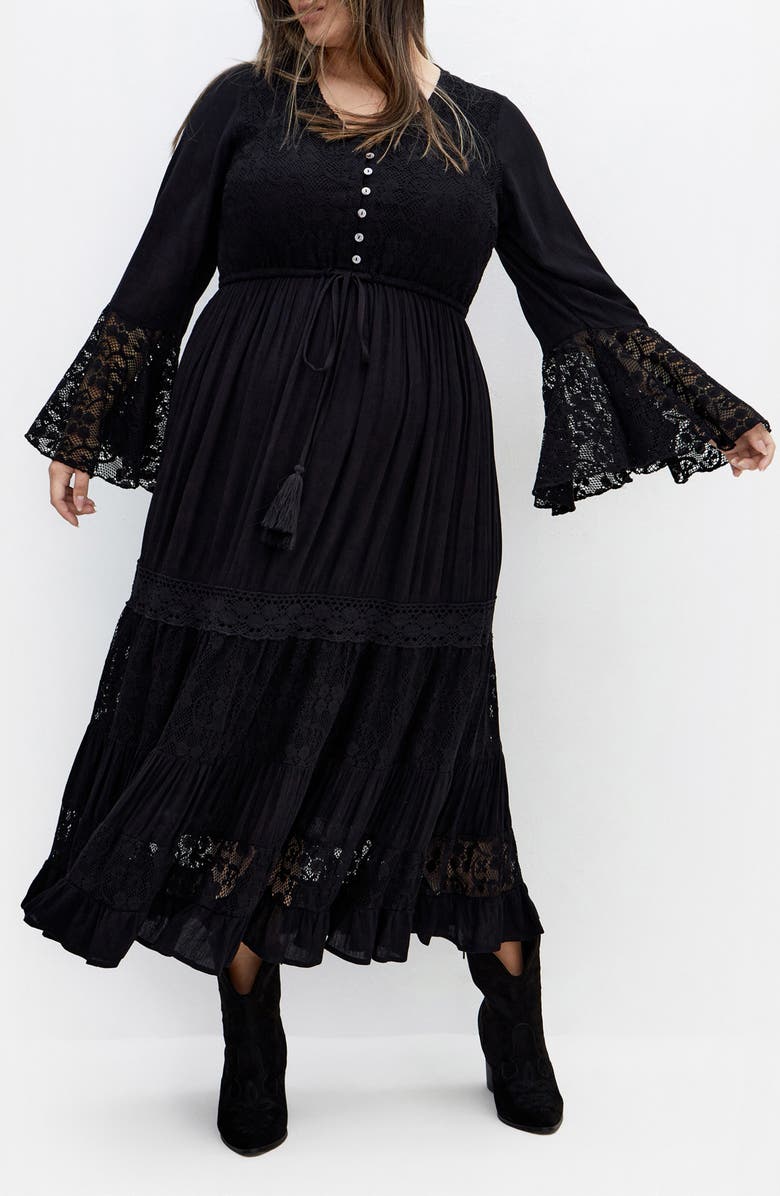 City Chic Dulce Lace Detail Long Sleeve Maxi Dress, Main, color, Black
