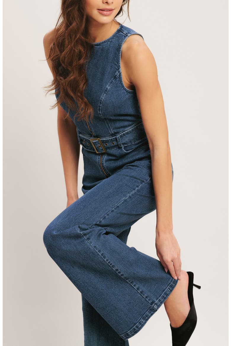 Belted Denim Jumpsuit, Alternate, color, MEDIUM INDIGO