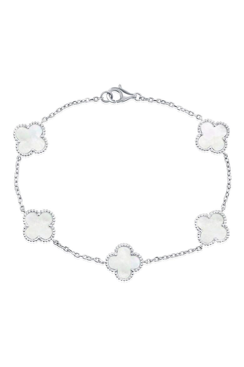 Mother-of-Pearl Clover Milgrain Halo Station Bracelet, Main, color, SILVER