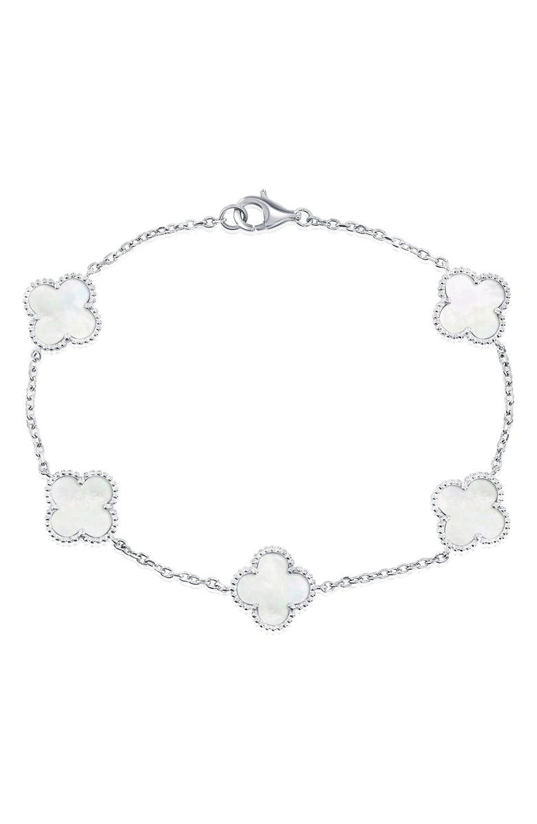 SIMONA Mother-of-Pearl Clover Milgrain Halo Station Bracelet, Main, color, Silver