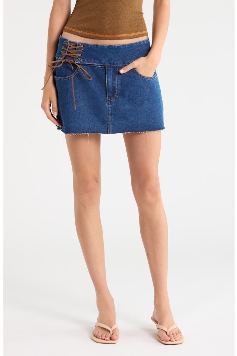 Indie Tie Up Denim Miniskirt, Main, color, BLUE