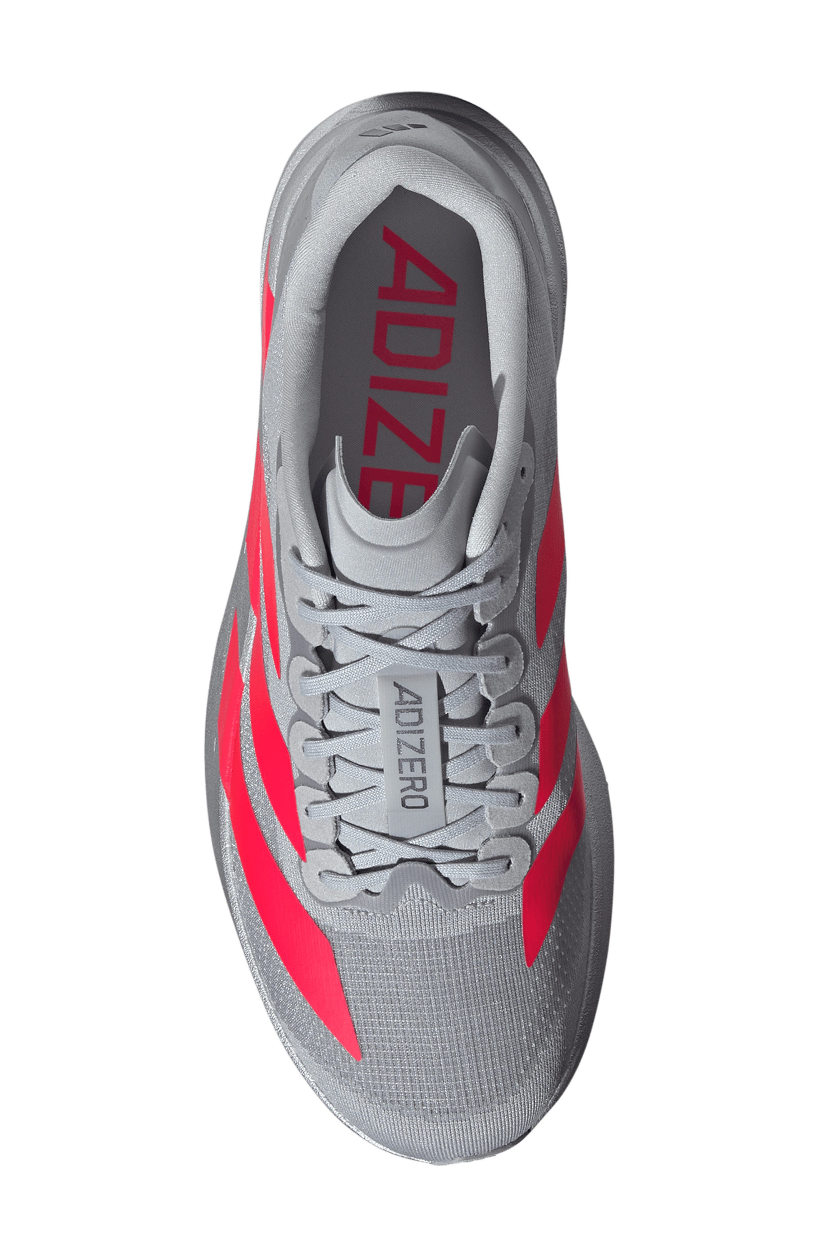 Adizero Evo SL Running Shoe, Alternate, color, SILVER METALLIC / RED / IRON