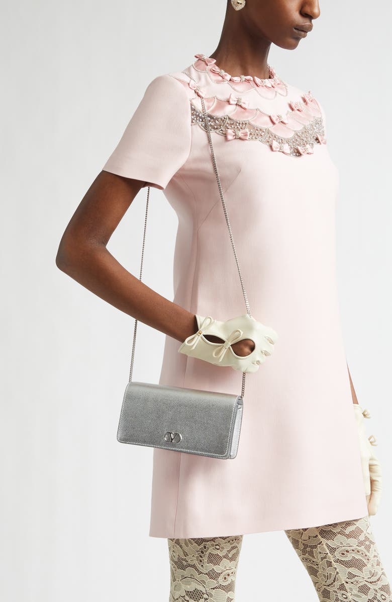 Valentino Garavani Mini VLOGO Metallic Leather Shoulder Bag, Main, color, Silver