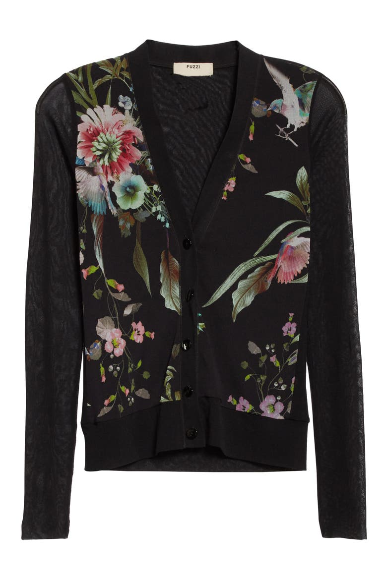 Floral Sheer Sleeve Cardigan, Alternate, color, NERO