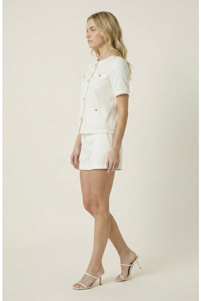 Textured Short Sleeve Frayed Trim Jacket, Alternate, color, Off-White