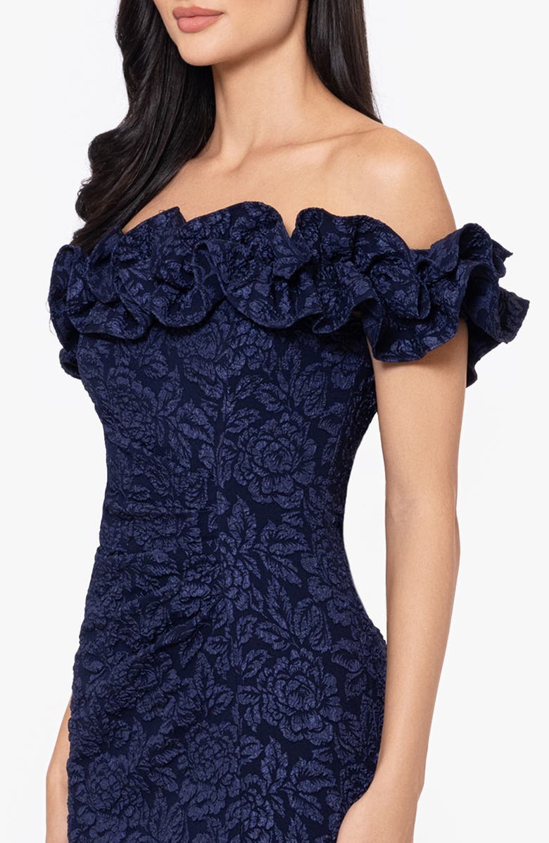 Xscape Evenings Ruffle Off the Shoulder Brocade Gown, Alternate, color, 