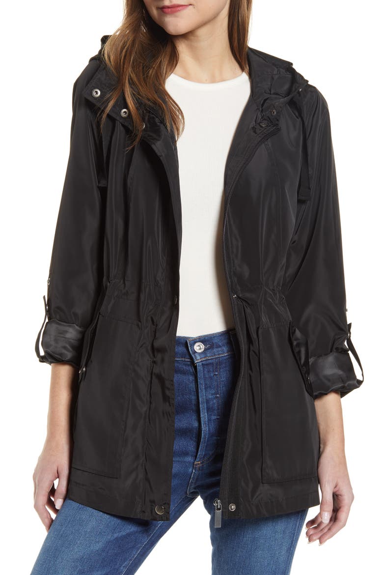 Hooded Cinch Waist Rain Jacket, Main, color, BLACK