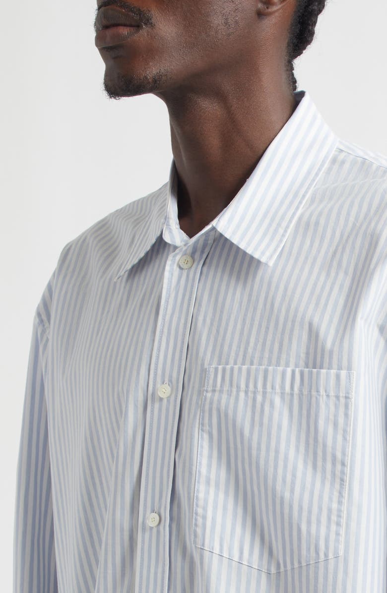 Acne Studios Stripe Logo Organic Cotton Graphic Button-Up Shirt, Alternate, color, Light Blue/ White