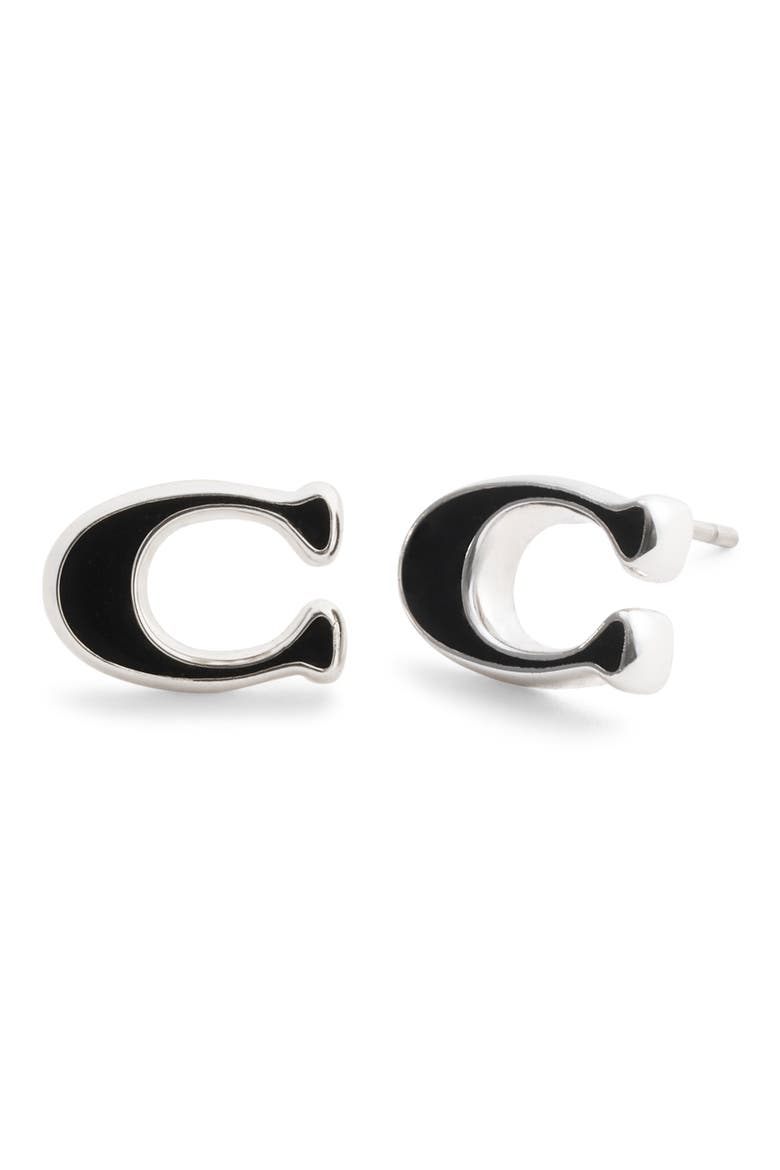 Signature C Enamel Stud Earrings, Main, color, BLACK/ RHODIUM