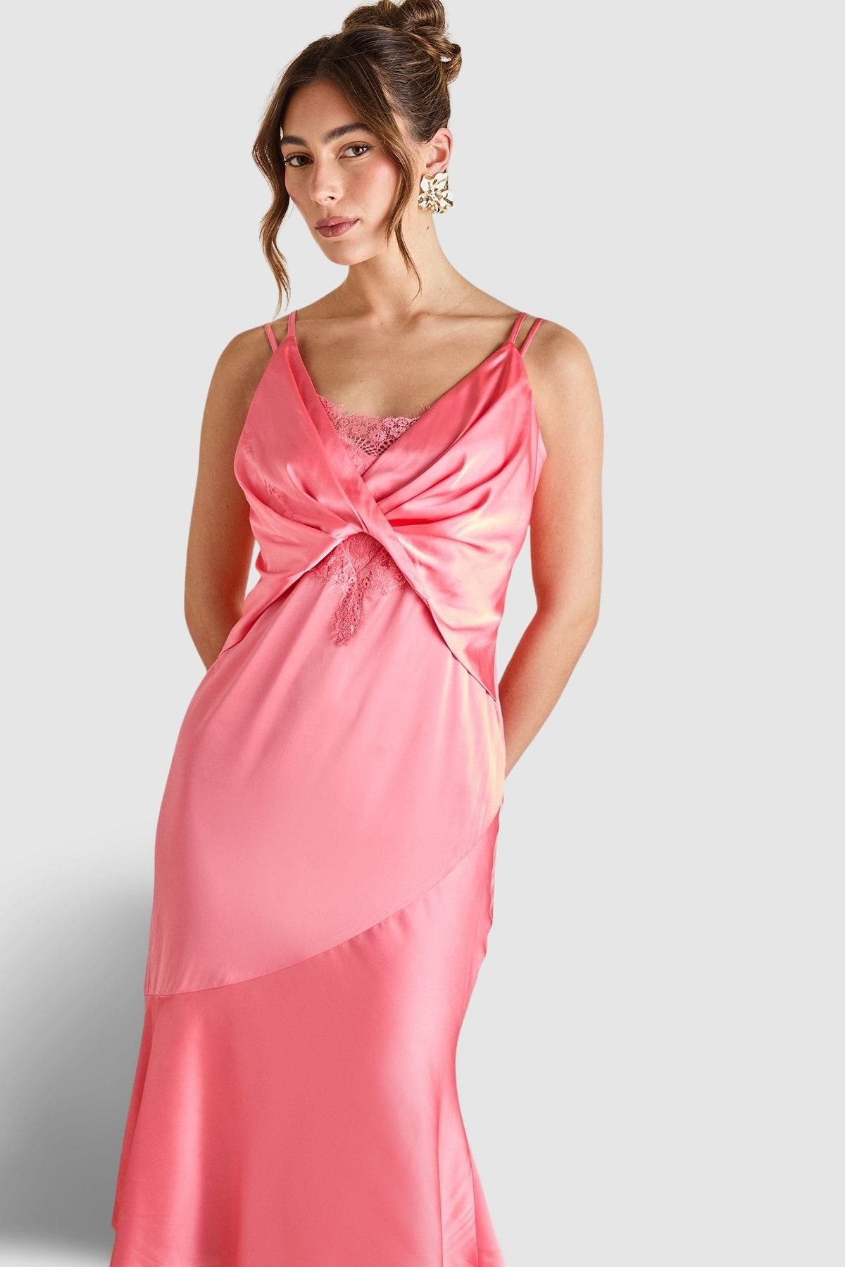 Lace Insert Satin Fitted Dress - image 2
