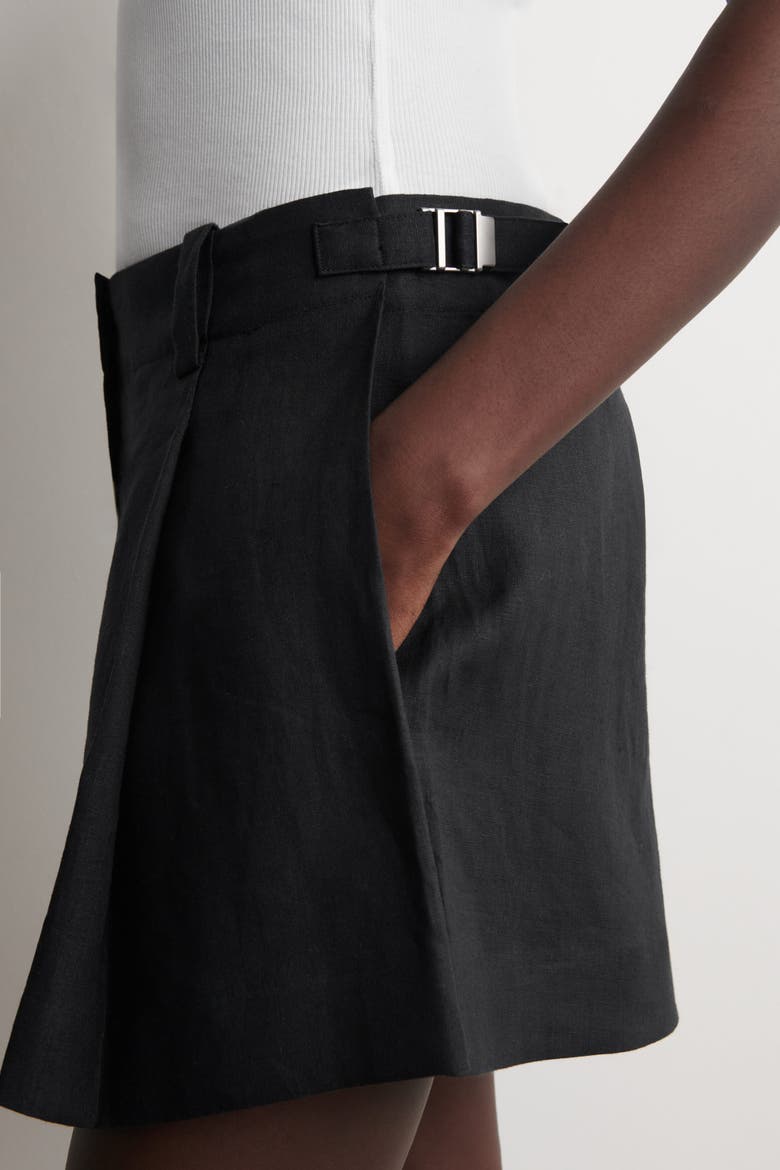 Pleated Belted Linen Shorts, Alternate, color, BLACK