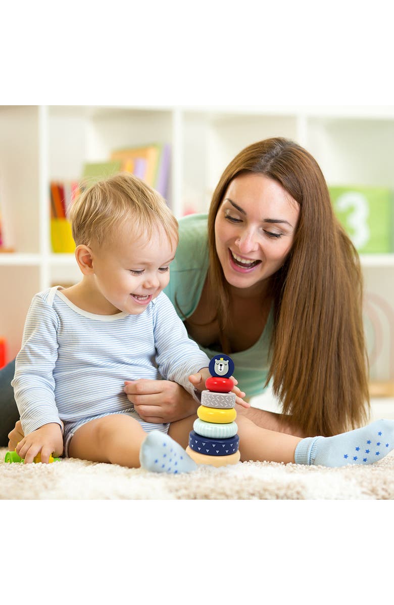 Leo & Friends Wooden Stacking Toys, 6 Wooden Rings, 1 Lion Crown On Top, Alternate, color, Red