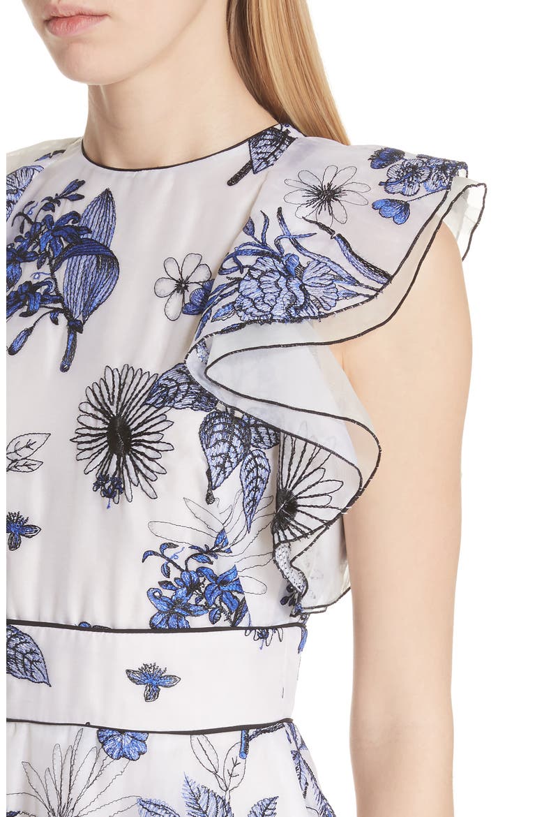 Embroidered Silk Ruffle Midi Dress, Alternate, color, IVORY / COBALT