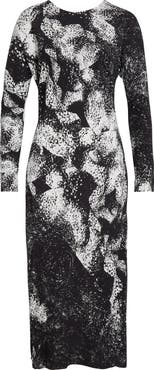Dries Van Noten Davion Abstract Floral Long Sleeve Midi Dress