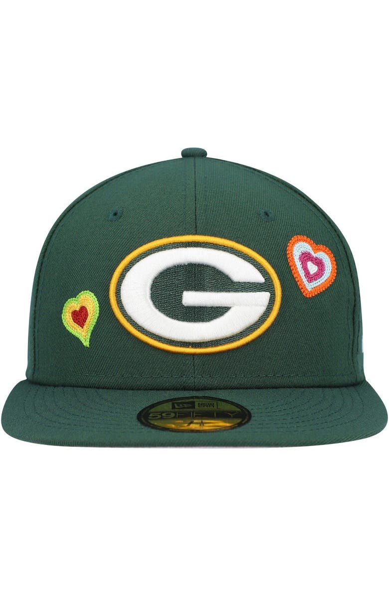 New Era Men's New Era Green Green Bay Packers Chain Stitch Heart 59FIFTY Fitted Hat, Alternate, color, Green