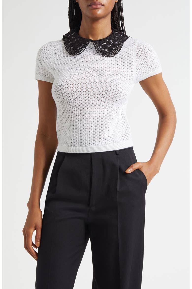 Ciara Lace Collar Short Sleeve Wool Blend Sweater, Main, color, SOFT WHITE/ MULTI