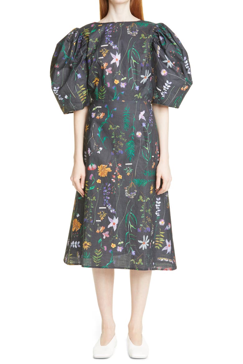 Bleeding Hearts Scrapbook Print Puff Sleeve Open Back Linen Dress, Main, color, SCRAPBOOK FLORAL PRINT