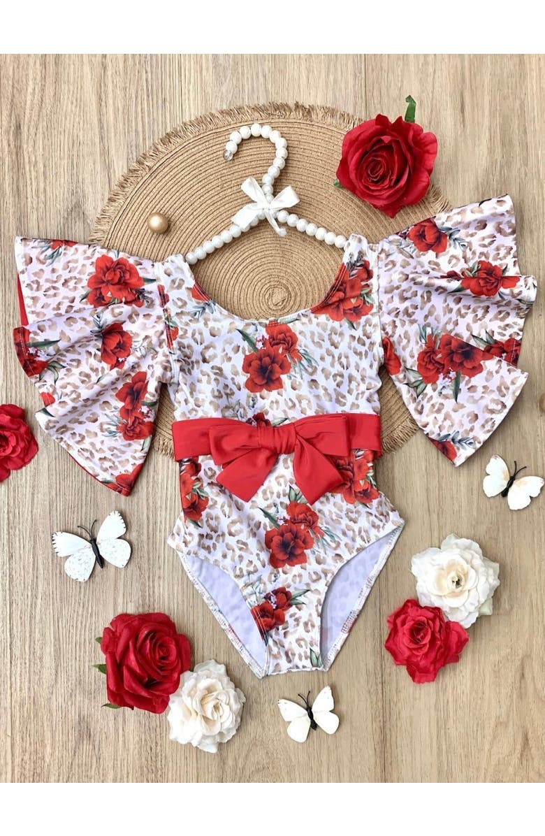 Mia Belle Girls Spots and Petals Flare Sleeve One Piece Swimsuit, Alternate, color, Red