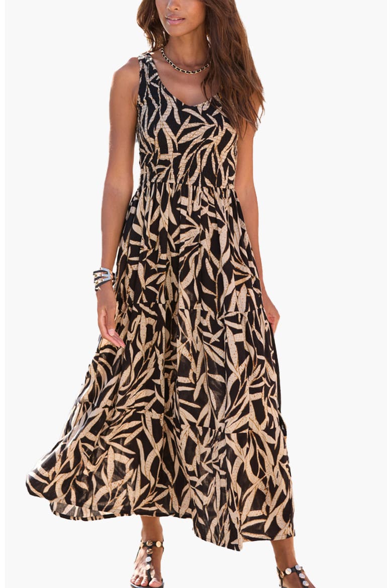 Smocked V-Neck Maxi Dress, Main, color, Black Printed